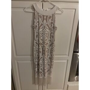 Joseph Ribkoff Dress White Beige Sleeveless Fringe Damask‎ Cocktail